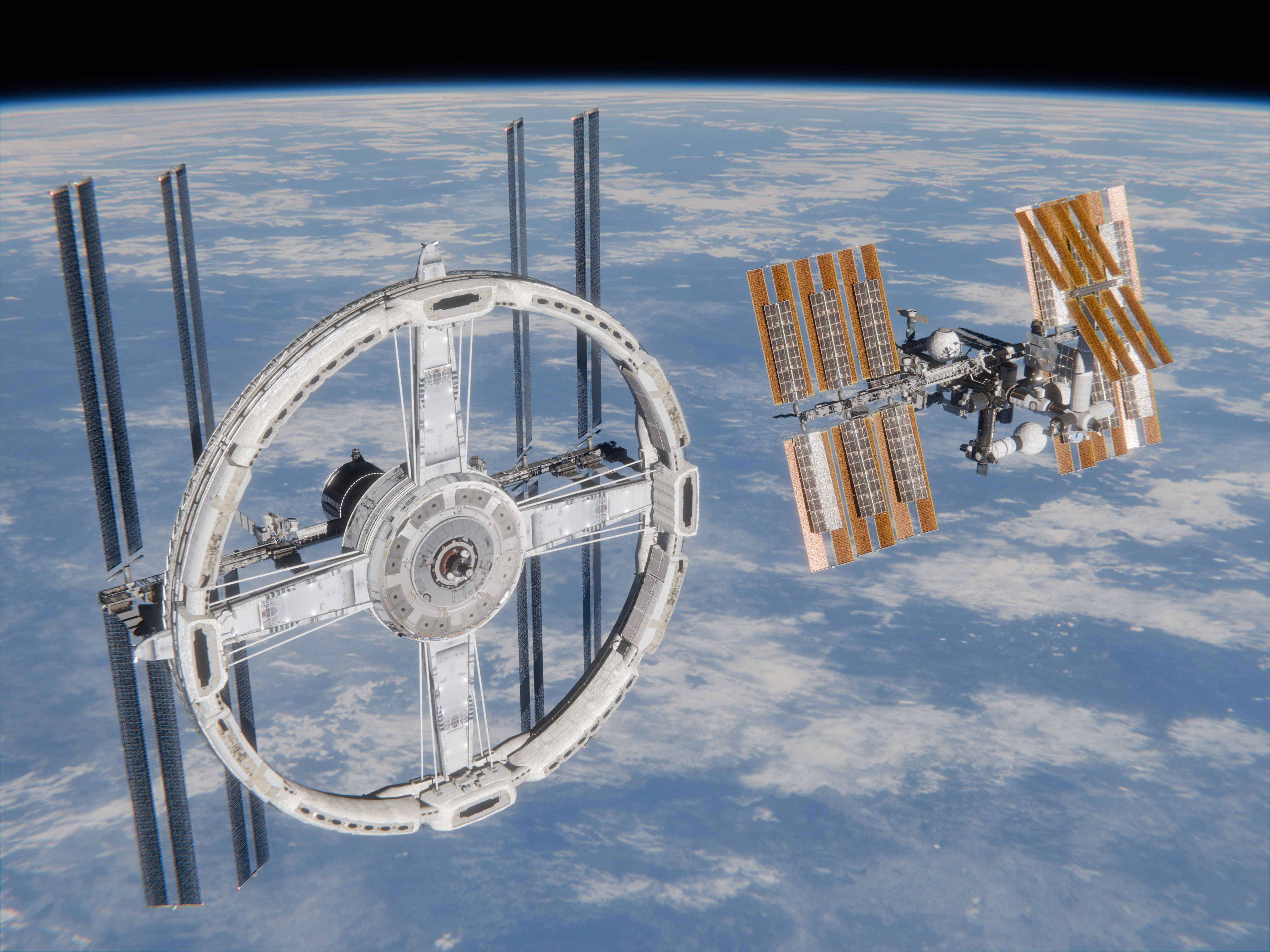 Future extended ISS with Polais Space station size comparison